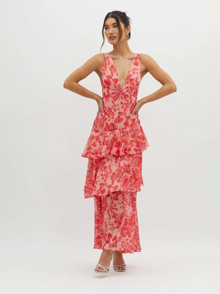 Floral Ruffle Summer Midi Dress for Women | Avelia