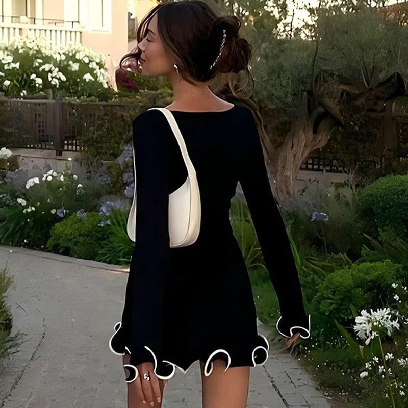 Ruffle Mini Knit Black Dress For Women | Liora