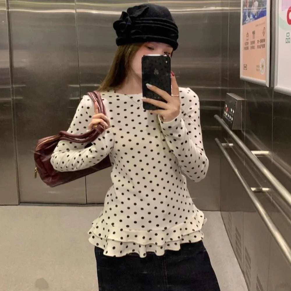 Ruffle Trim Polka Dot Top For Women | Liora Beige