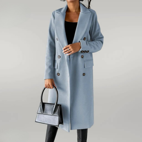 Double-Breasted Long Coat Tailored Fit for Women | Rumi Light Blue