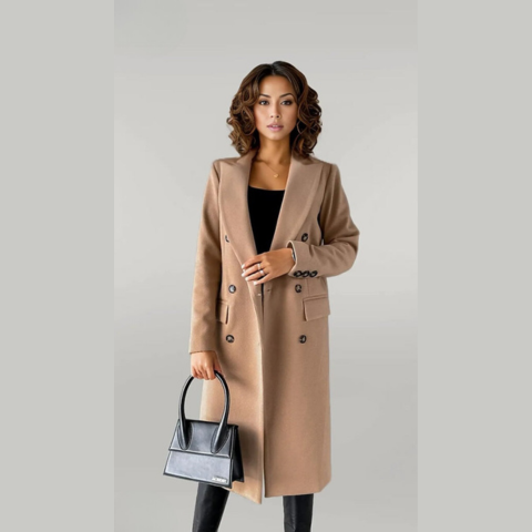 Double-Breasted Long Coat Tailored Fit for Women | Rumi Khaki
