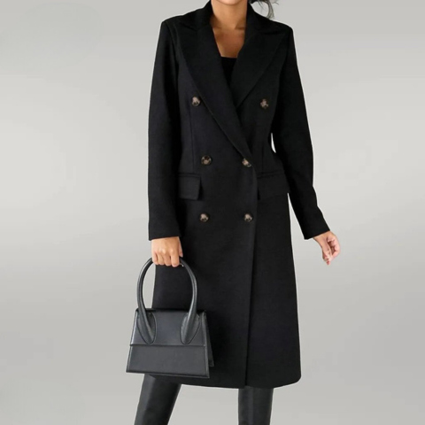 Double-Breasted Long Coat Tailored Fit for Women | Rumi Black