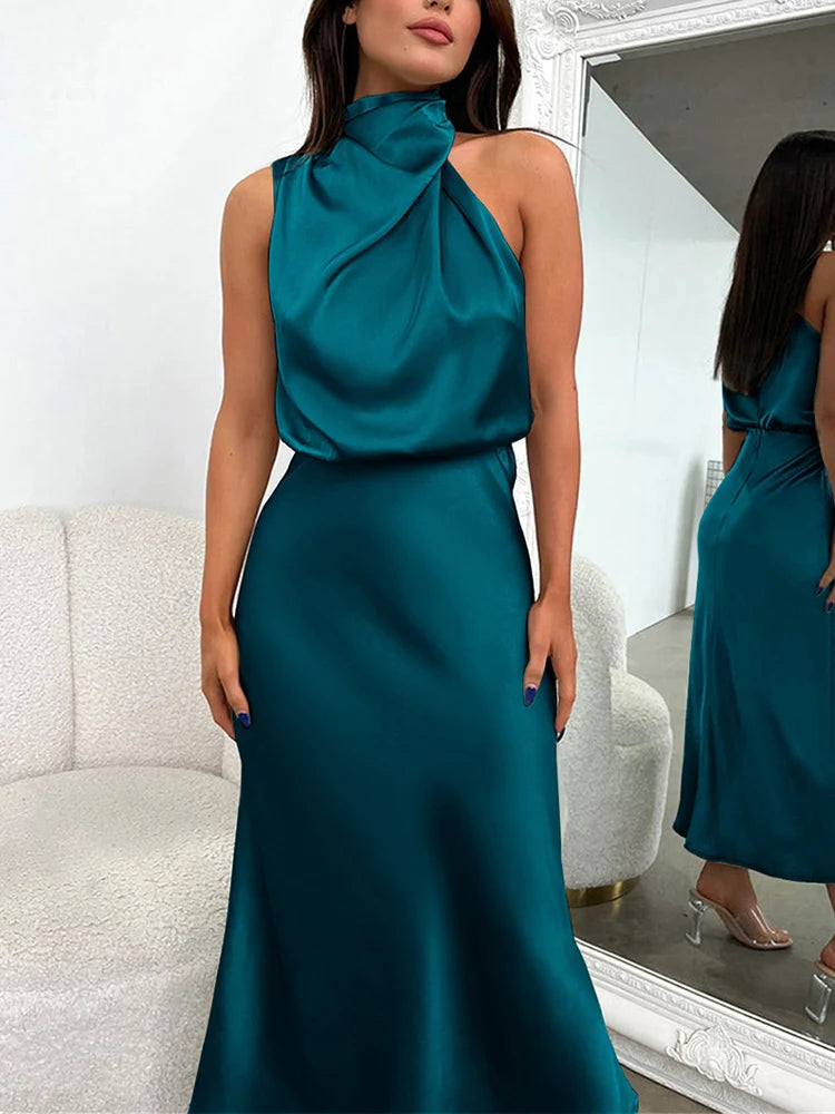 Satin Midi Dress with Asymmetrical Neckline for Women | Julia