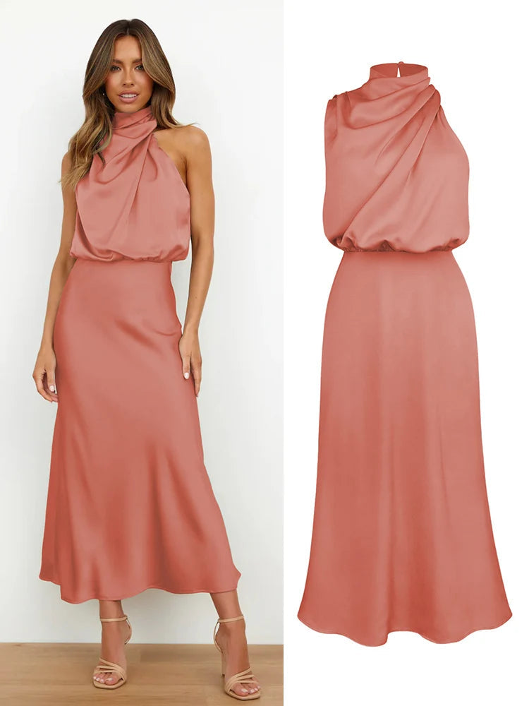 Satin Midi Dress with Asymmetrical Neckline for Women | Julia Peach