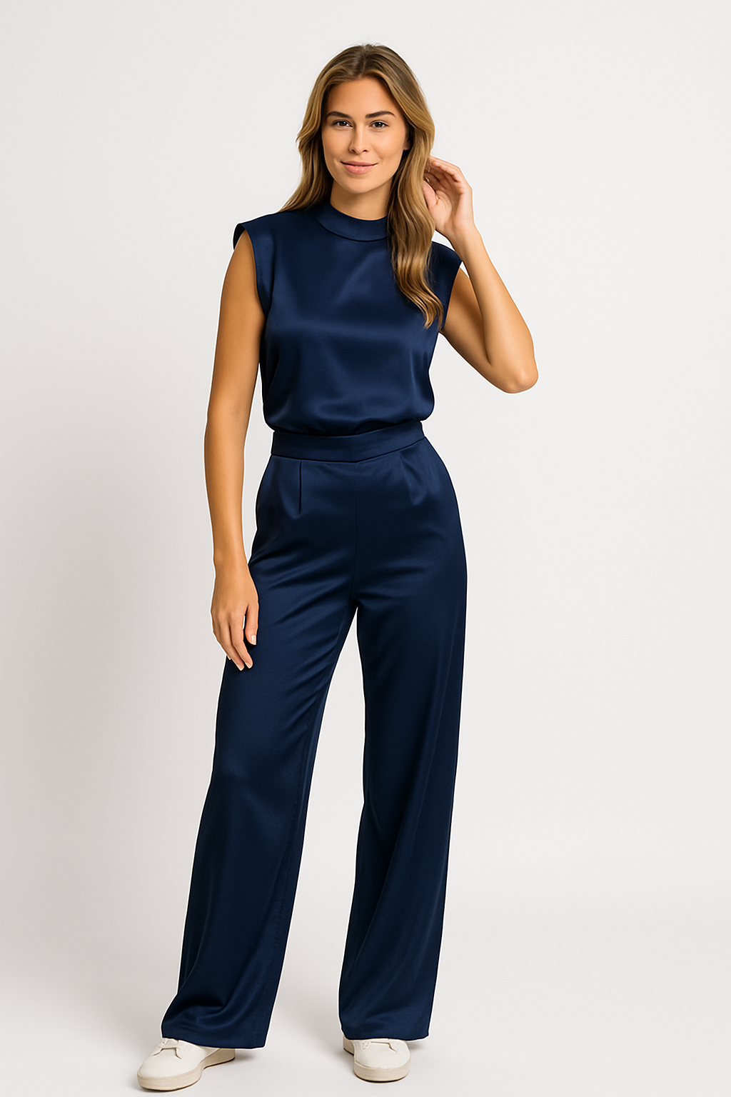 Satin Wide-Leg Sleeveless Jumpsuit for Women | Arianna Navy Blue