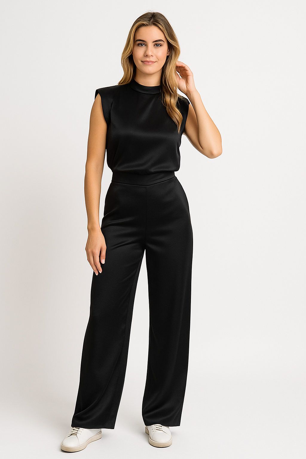 Satin Wide-Leg Sleeveless Jumpsuit for Women | Arianna Black