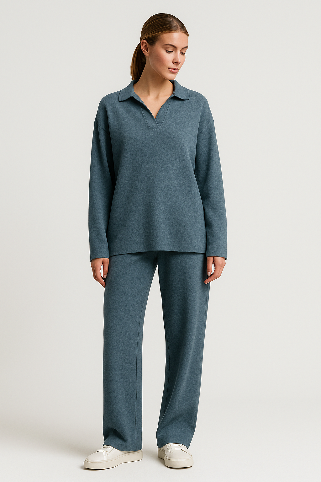 Serina - Knitted Polo & Pants Set Mist Blue