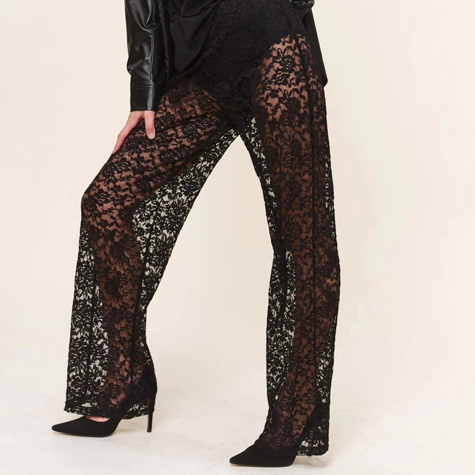 Black Lace High Waist Wide Leg Flare Pants for Women | Kia