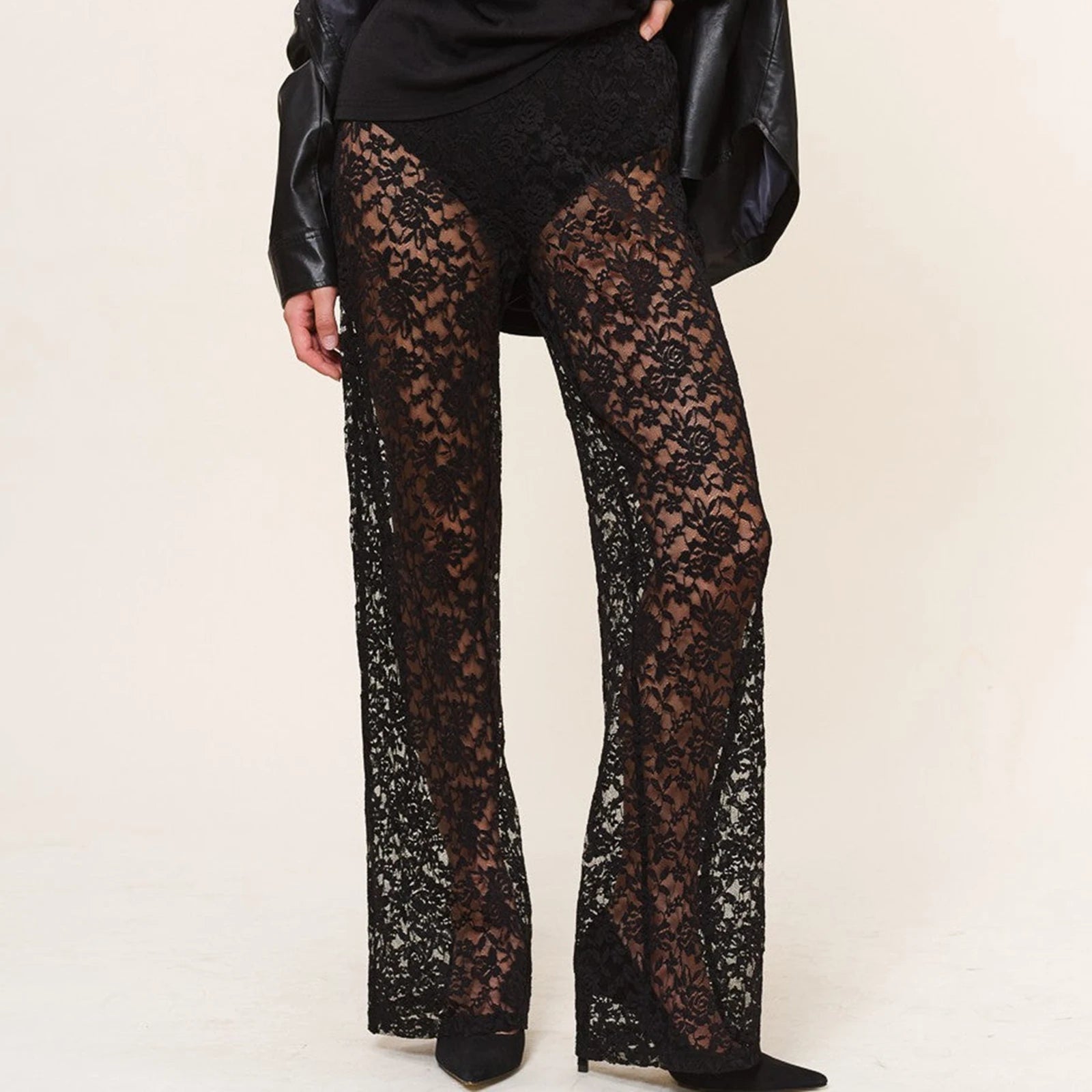 Black Lace High Waist Wide Leg Flare Pants for Women | Kia