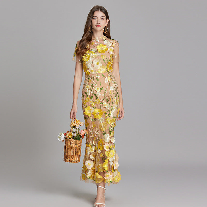 Sheer Embroidered Maxi Dress For Women | Liora Yellow