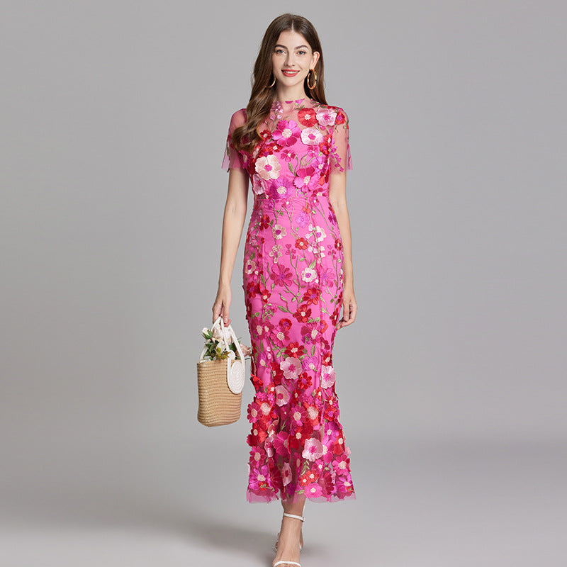 Sheer Embroidered Maxi Dress For Women | Liora Dark Pink