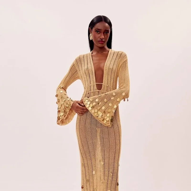 Yellow Sequin Knitted Maxi Dress with Deep Neck for Women | Aerin
