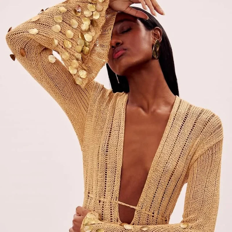 Yellow Sequin Knitted Maxi Dress with Deep Neck for Women | Aerin