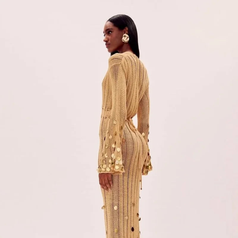 Yellow Sequin Knitted Maxi Dress with Deep Neck for Women | Aerin