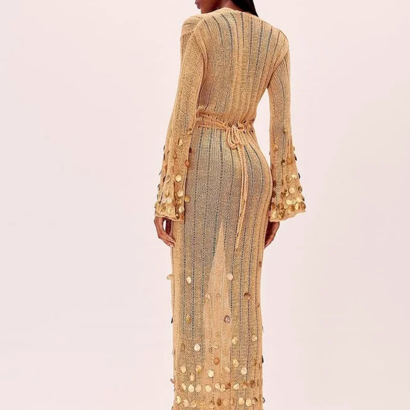 Yellow Sequin Knitted Maxi Dress with Deep Neck for Women | Aerin
