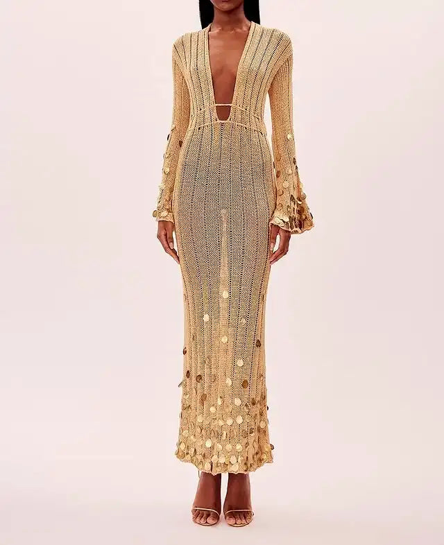 Yellow Sequin Knitted Maxi Dress with Deep Neck for Women | Aerin Yellow