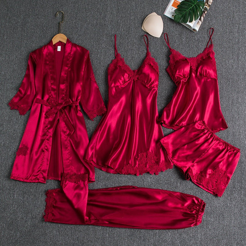 Silk Pajama Set with Kimono Shorts Top and Slip Dress for Women | Lucy Red