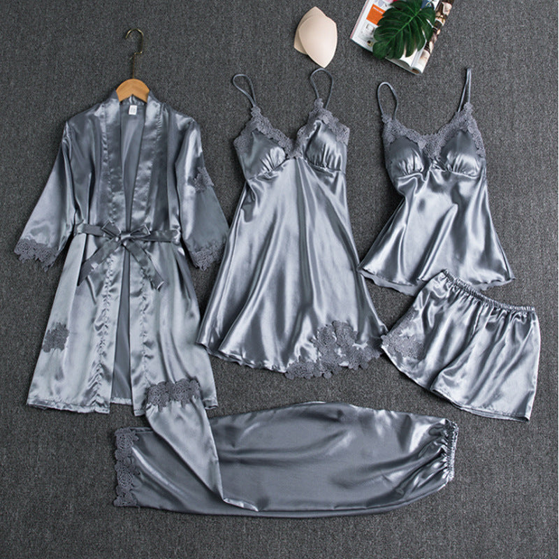Silk Pajama Set with Kimono Shorts Top and Slip Dress for Women | Lucy Light Blue