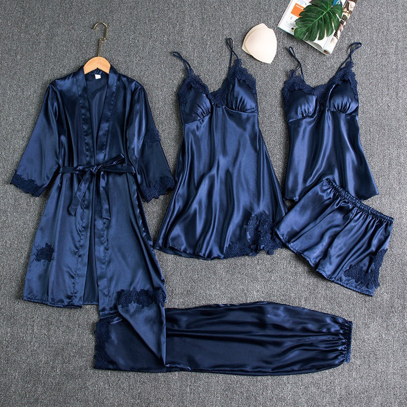 Silk Pajama Set with Kimono Shorts Top and Slip Dress for Women | Lucy Blue