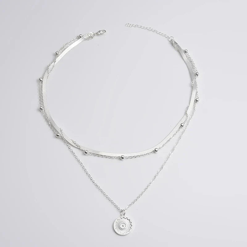 Silver Layered Necklace Set with Coin Pendant for Women | Selena