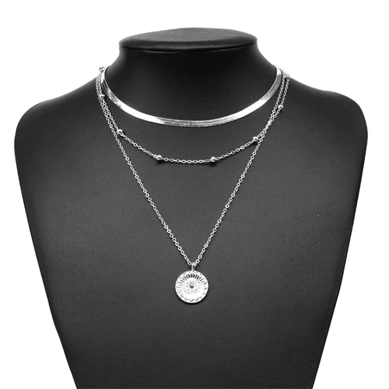 Silver Layered Necklace Set with Coin Pendant for Women | Selena