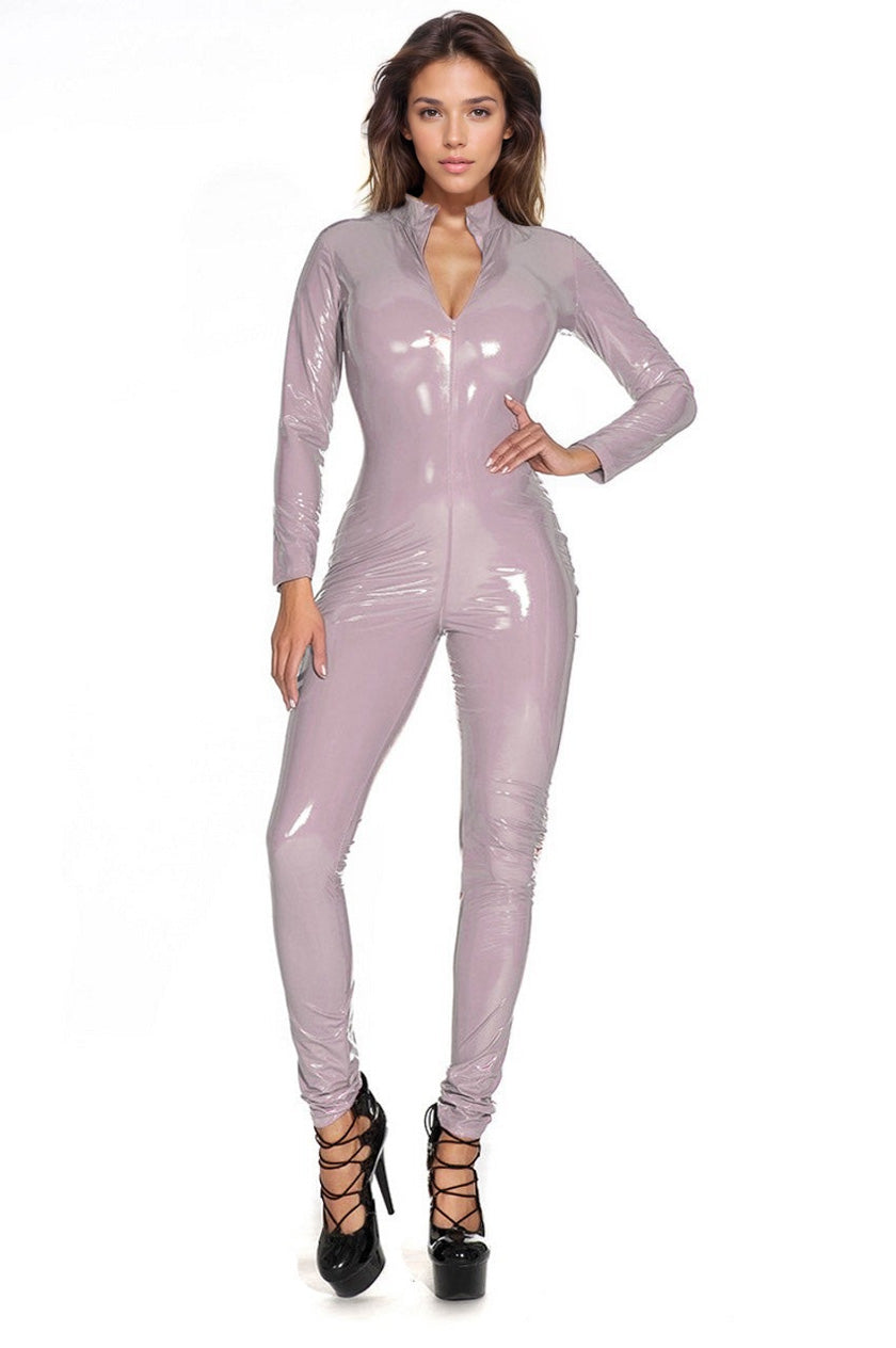 Sleek Faux Leather Catsuit Party Costume for Women | Catherine Pink