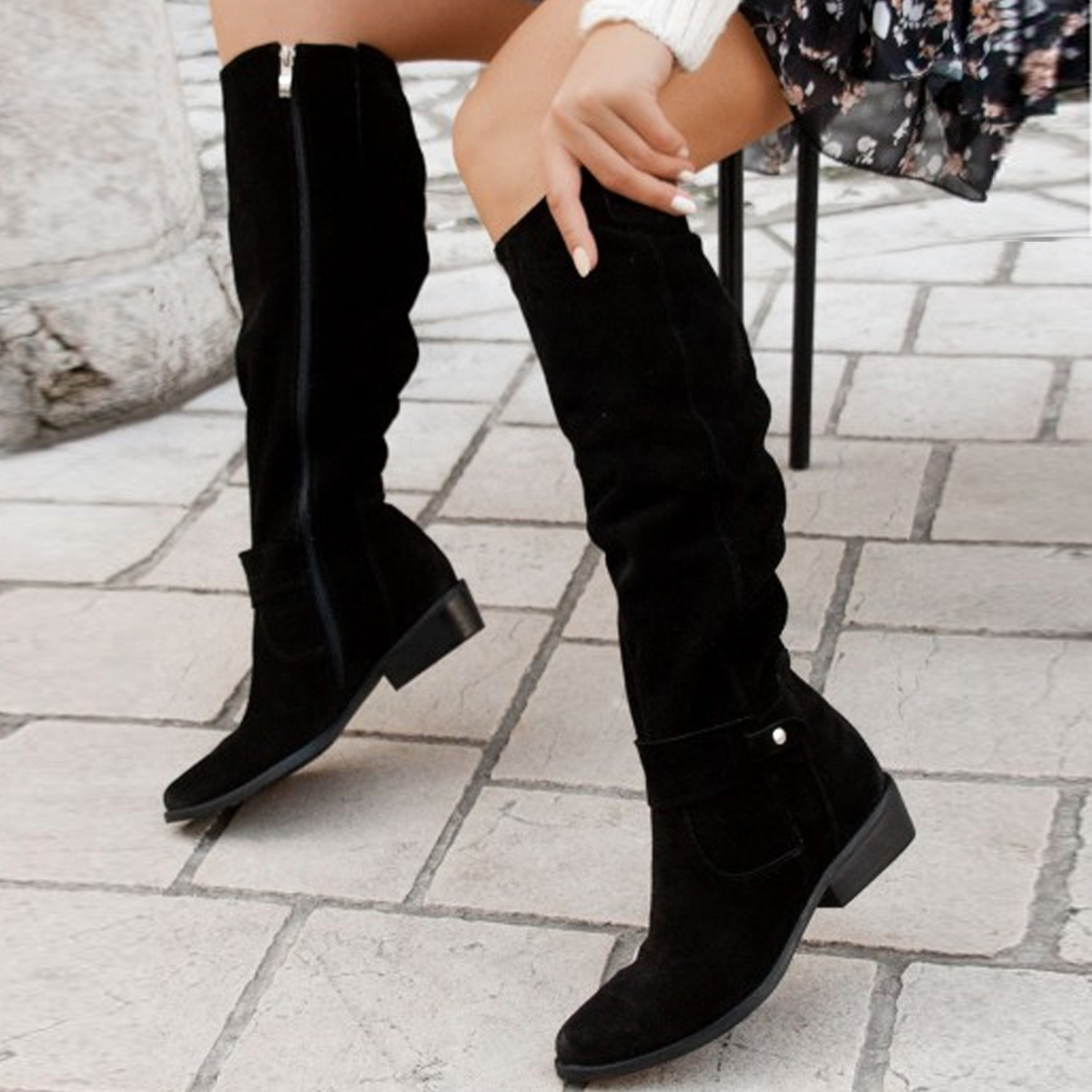 Sleeka | Knee High Slouch Boots with Side Zip Black