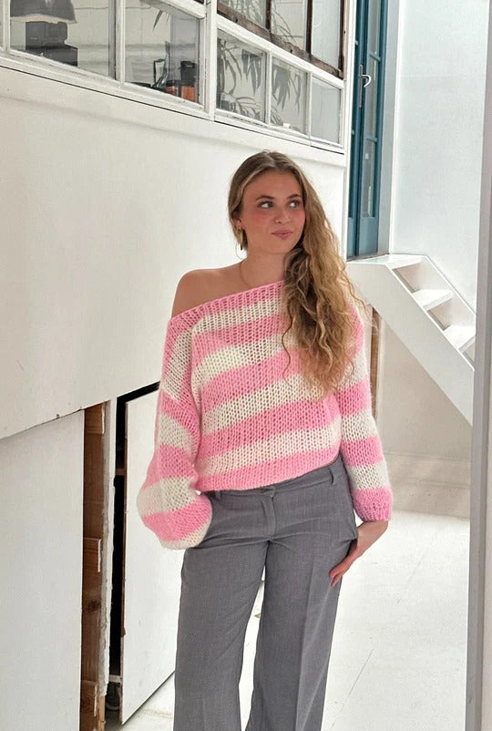 Sleeky | Off-Shoulder Striped Knit Sweater Pink