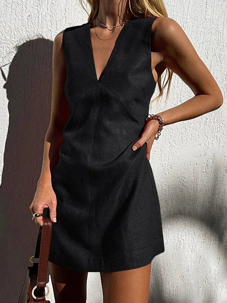 Sleeveless V-Neck Mini Dress for Women | Vistara Black