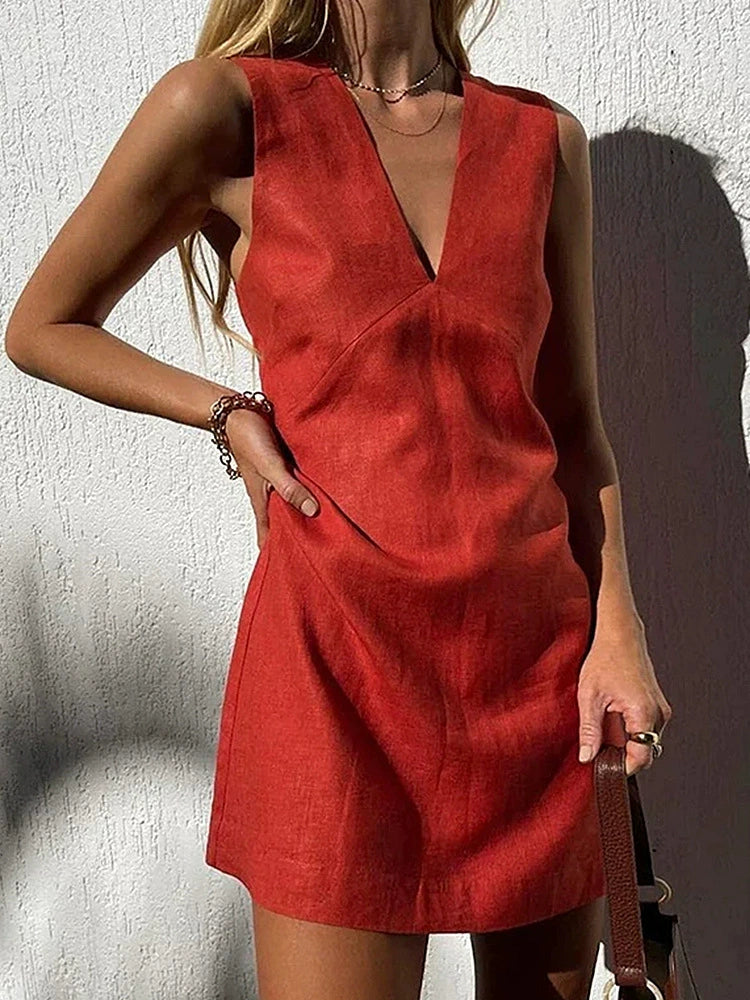Sleeveless V-Neck Mini Dress for Women | Vistara Red
