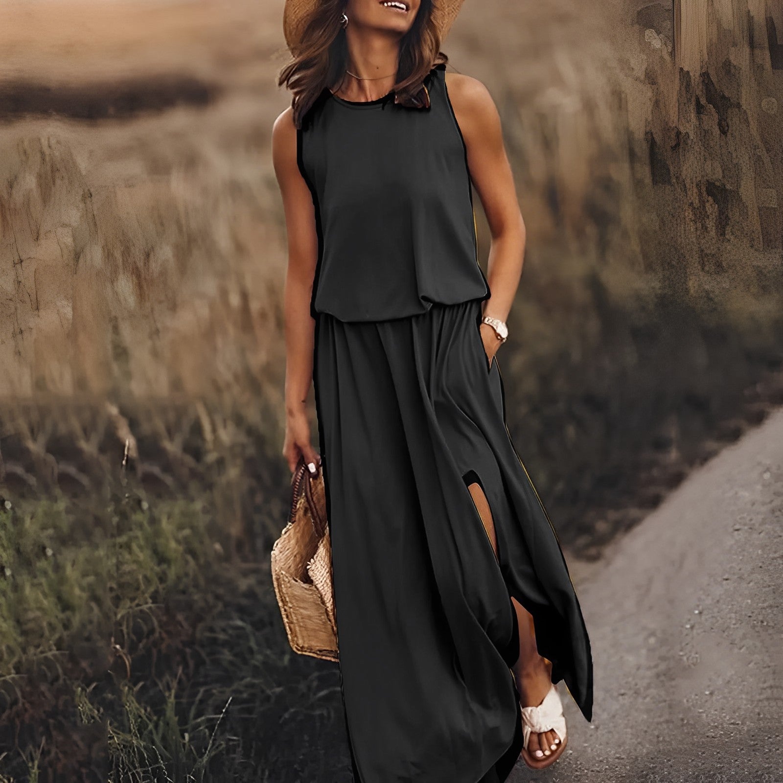 Sleeveless Cotton Maxi Dress For Women | Liora Black