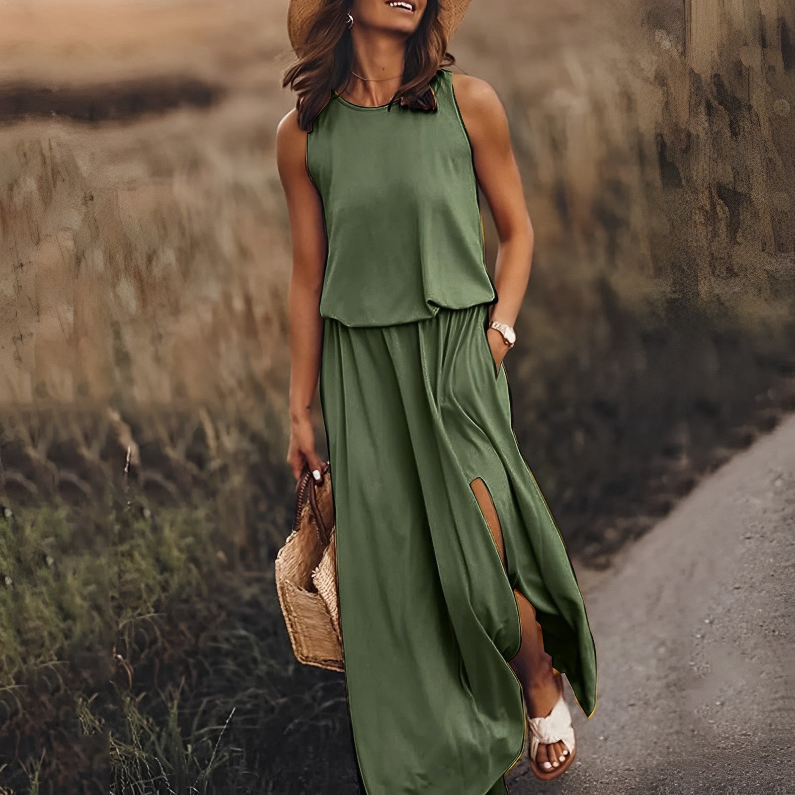 Sleeveless Cotton Maxi Dress For Women | Liora Darkgreen