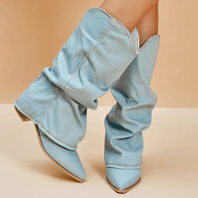 Slouchy Denim Pointed-Toe Western Boots for Women | Briony Denim (only 6 left in stock)