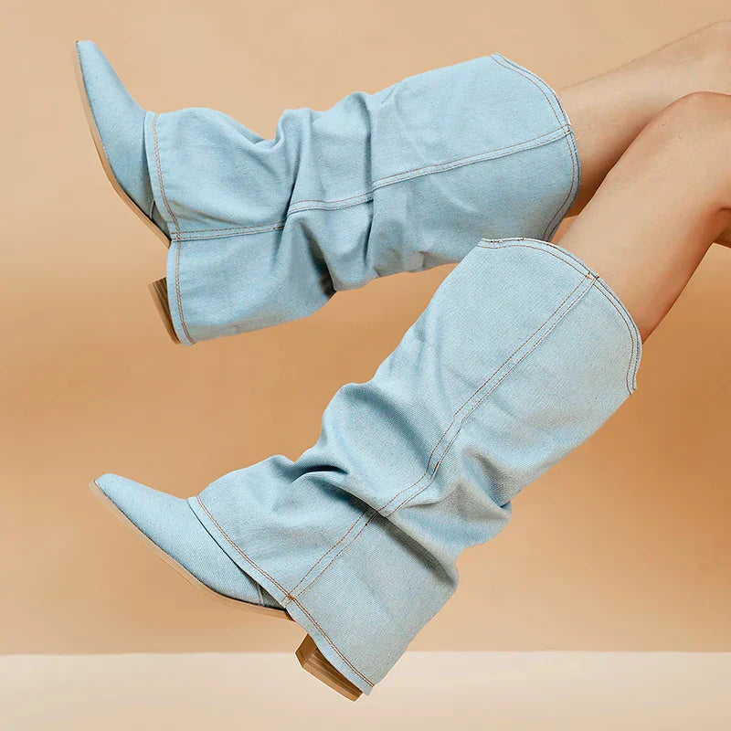 Slouchy Denim Pointed-Toe Western Boots for Women | Briony