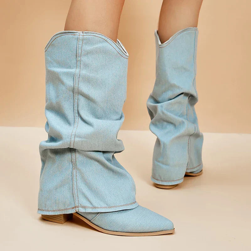 Slouchy Denim Pointed-Toe Western Boots for Women | Briony