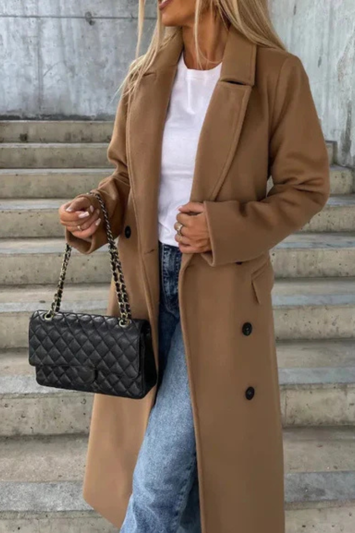 Knee Length Wool Coat Double-Breasted Style for Women | Sophia Khaki