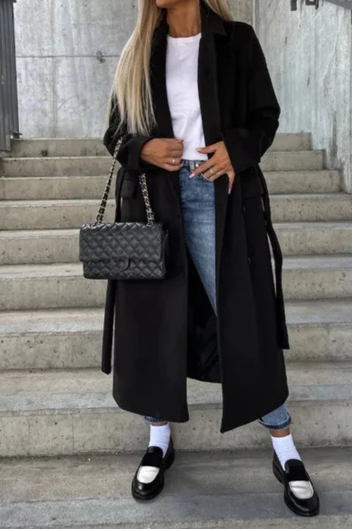 Knee Length Wool Coat Double-Breasted Style for Women | Sophia Black