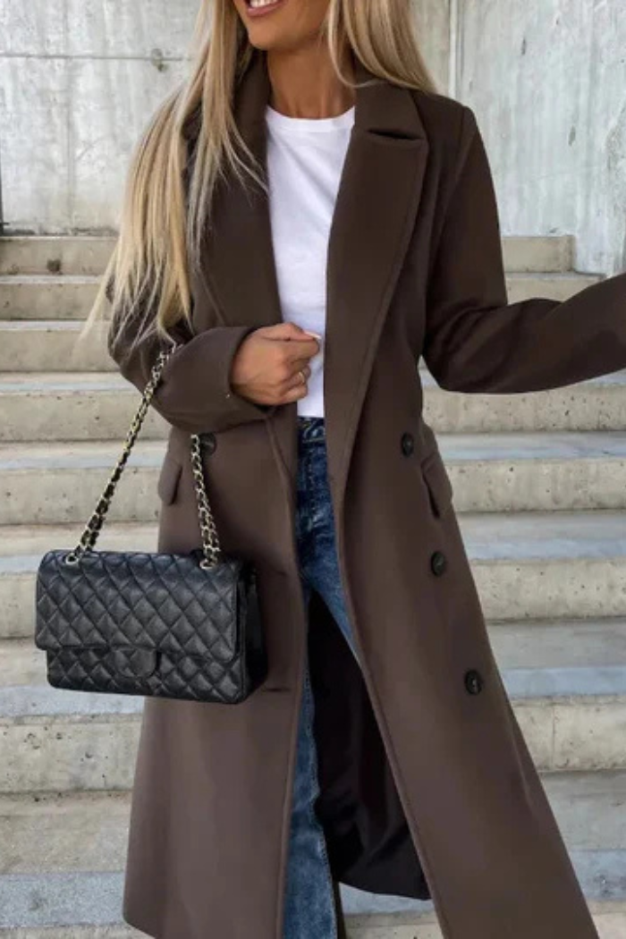 Knee Length Wool Coat Double-Breasted Style for Women | Sophia Dark Brown