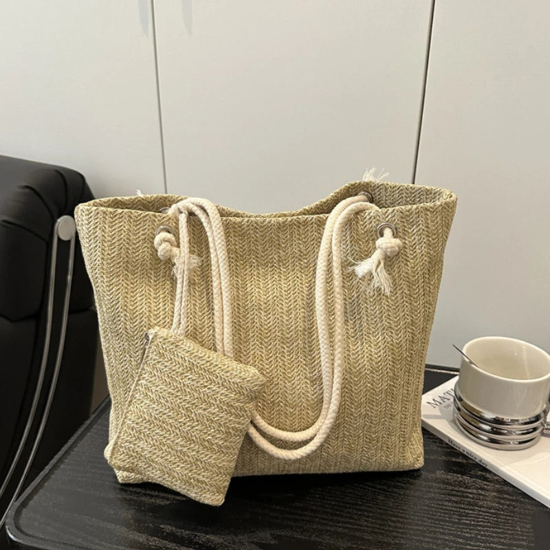 Spacious Straw Beach Bag For Women | Lirina Khaki One Size
