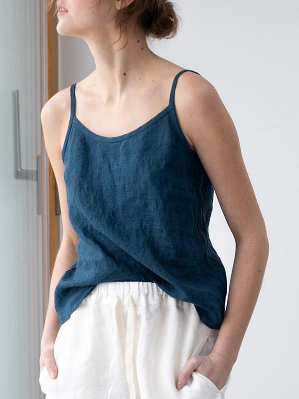 Spaghetti Strap Linen Blend Top for Women | Liora Dark Blue