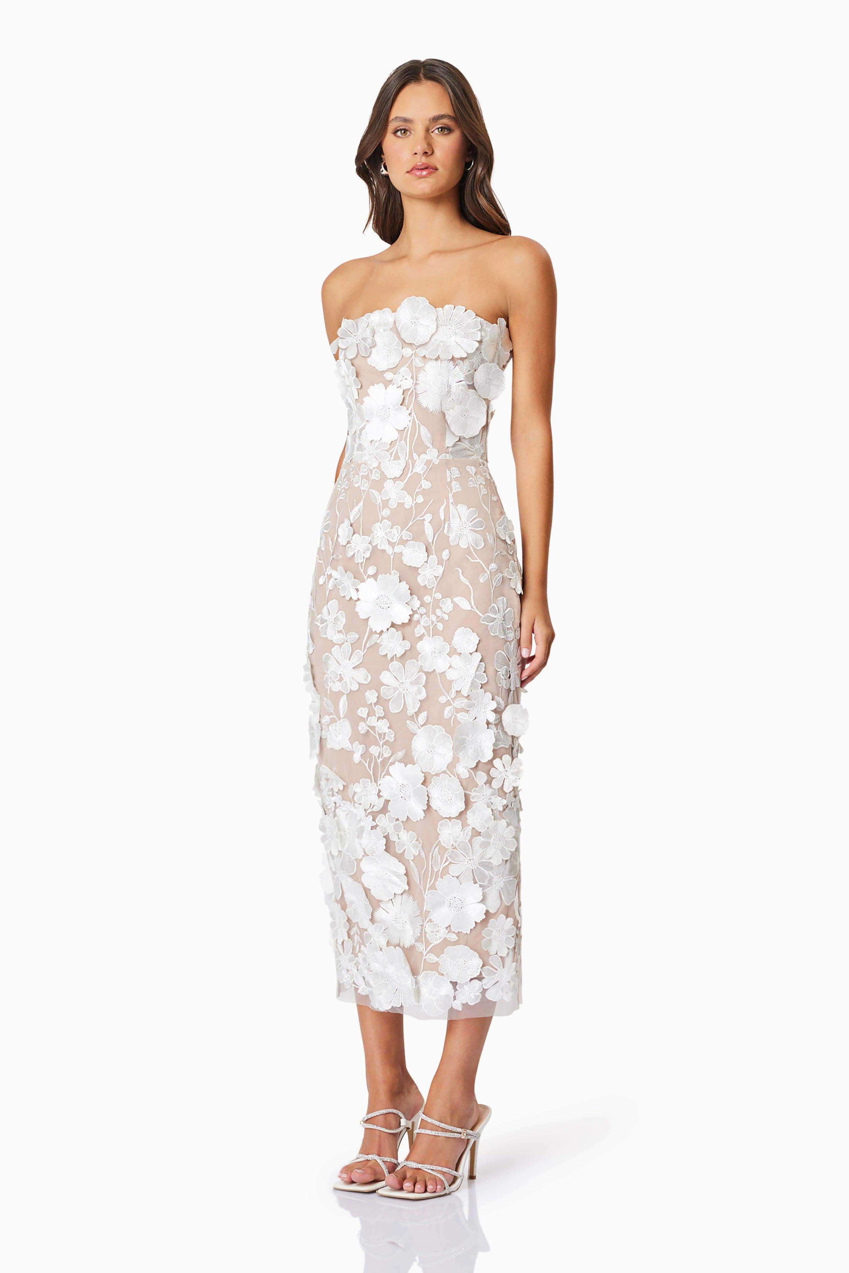 White Strapless White Floral Midi Dress for Women | Lexie