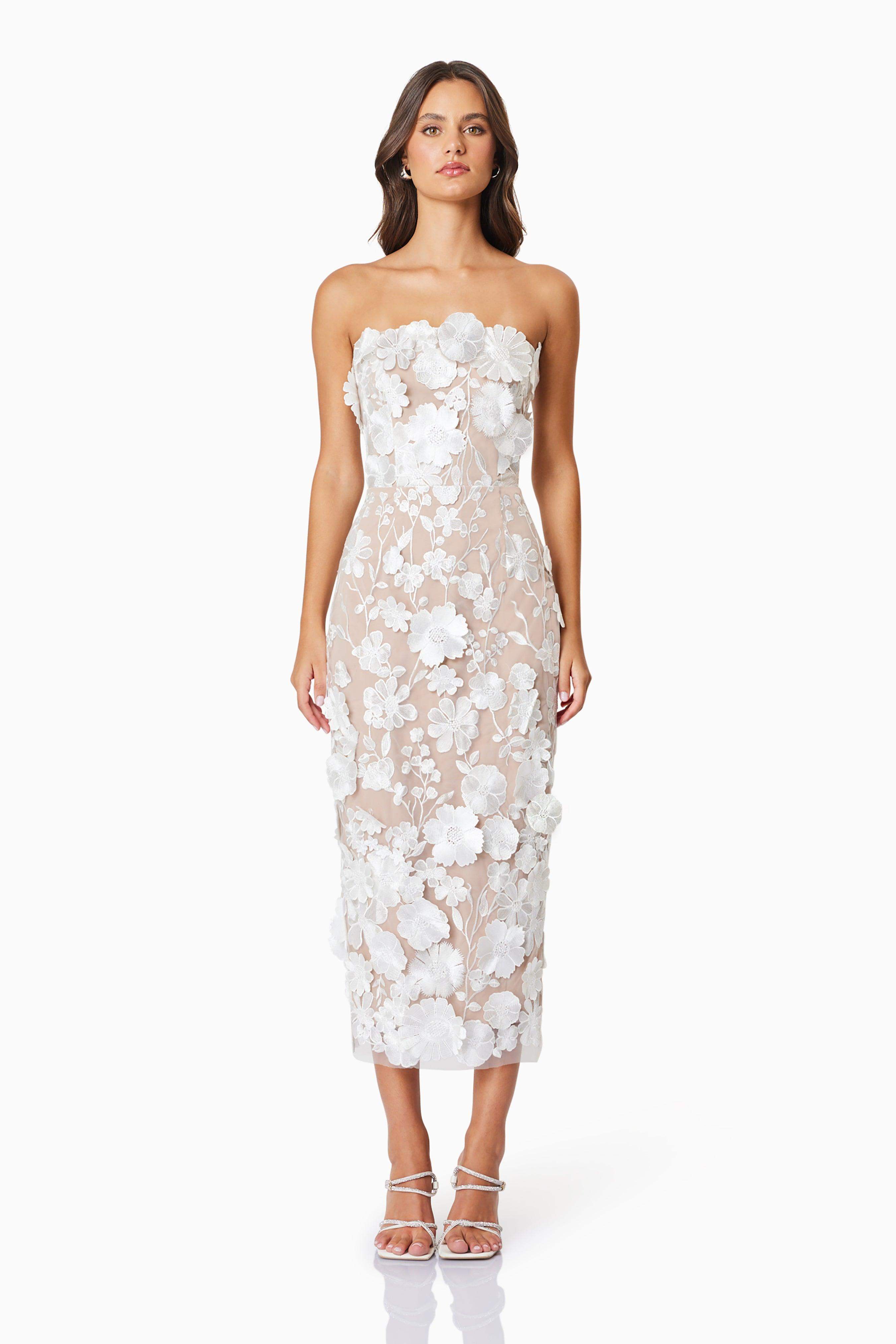 White Strapless White Floral Midi Dress for Women | Lexie White