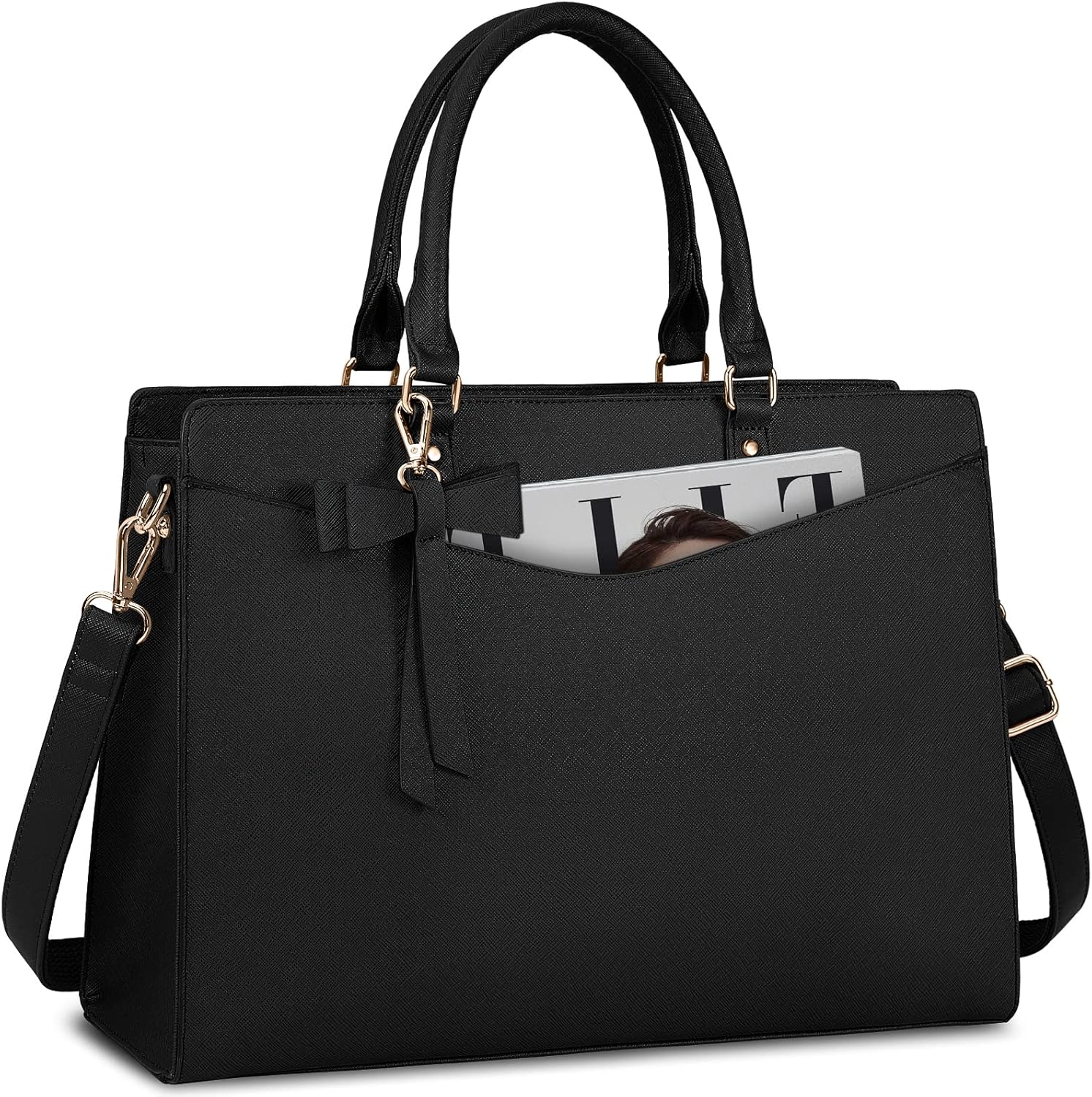 Structured Laptop Tote Bag with Bow Accent for Women| Amara Black