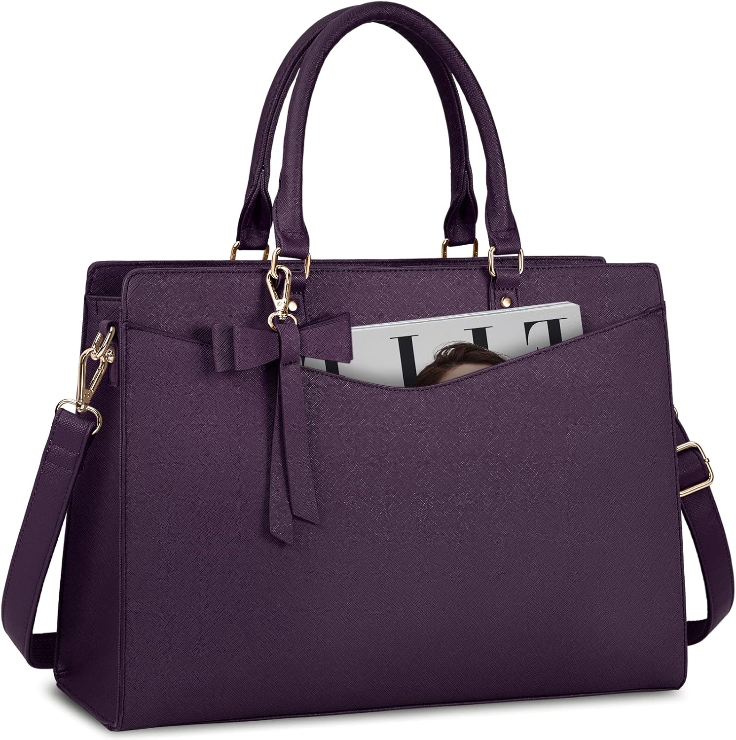 Structured Laptop Tote Bag with Bow Accent for Women| Amara Dark Purple