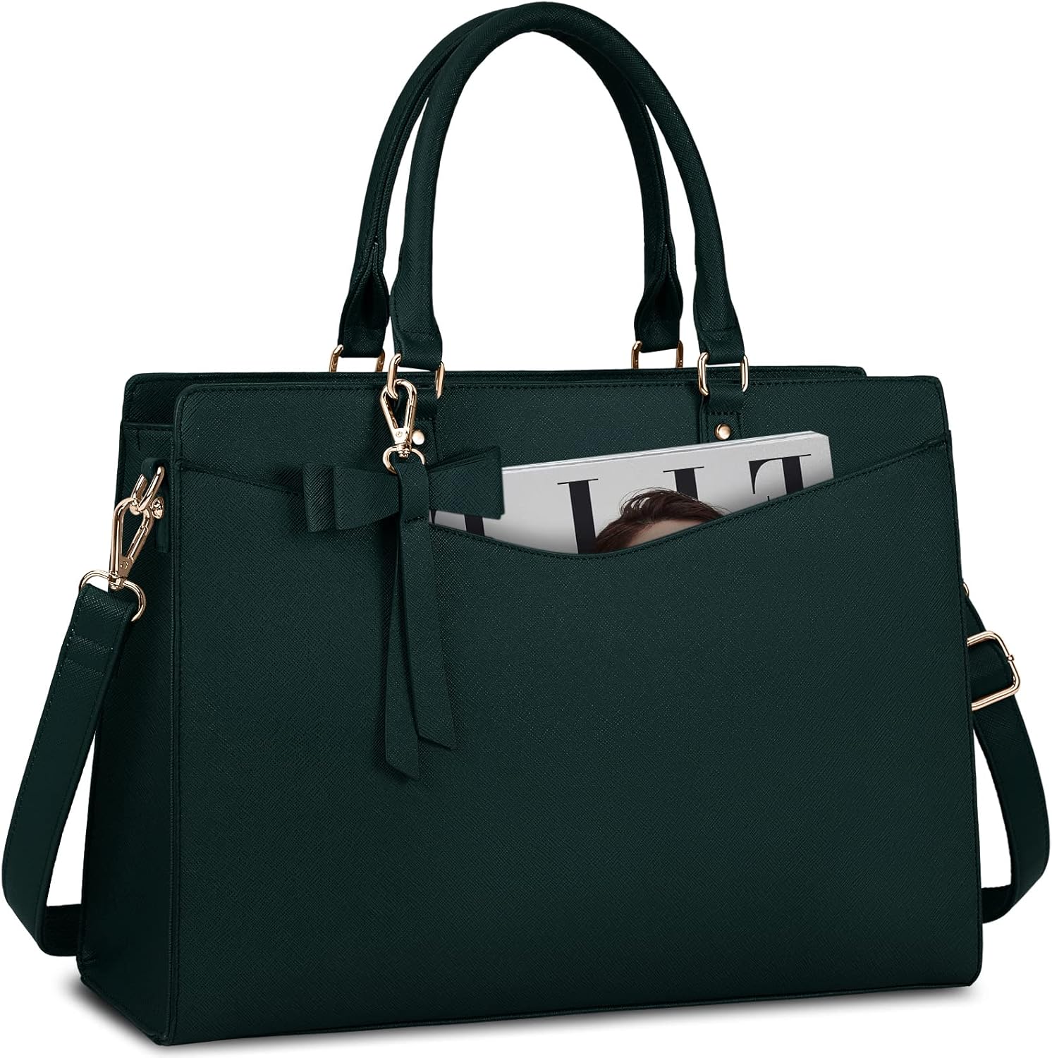 Structured Laptop Tote Bag with Bow Accent for Women| Amara Dark Green