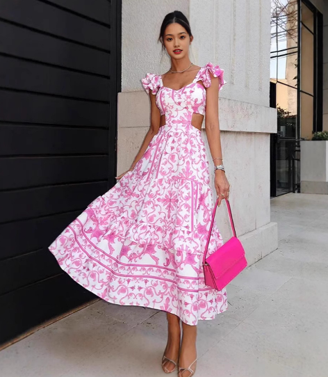 Stylish Floral Ruffle Cutout Maxi Dress for Women | Genesis Pink
