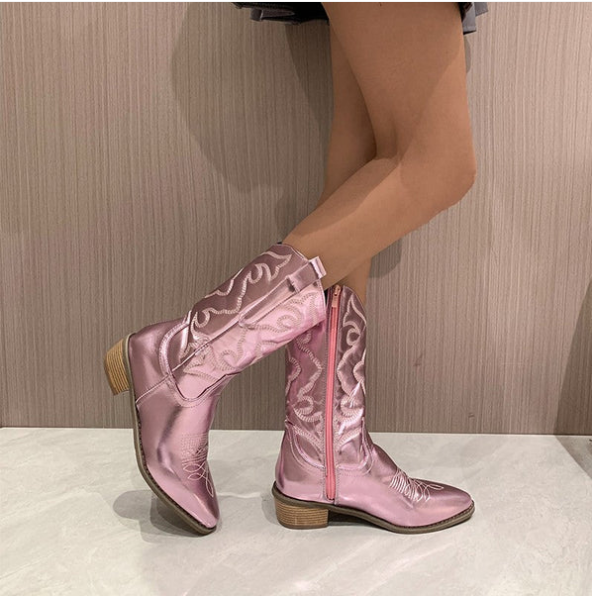 Stylish Metallic Western Mid-Calf Boots for Women | Millie Pink