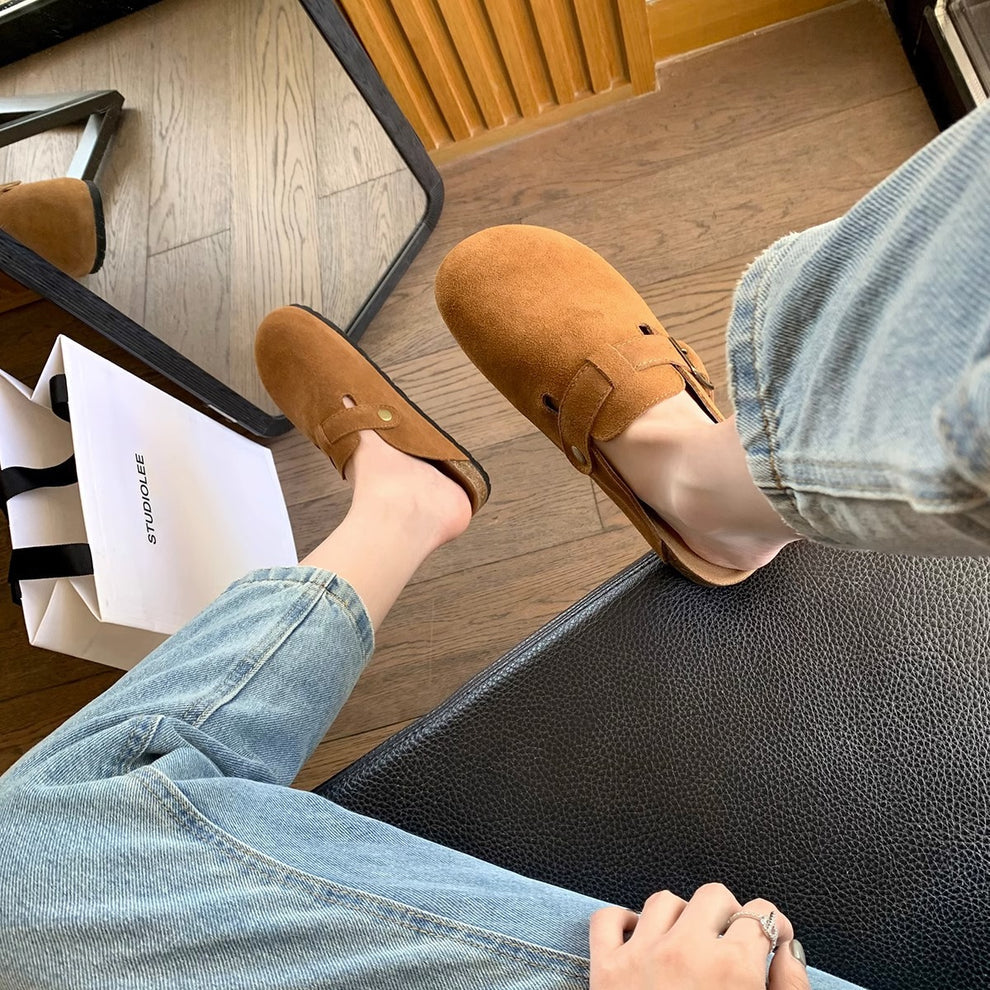 Suede Buckle Style Clogs for Women | Channah Yellow Brown