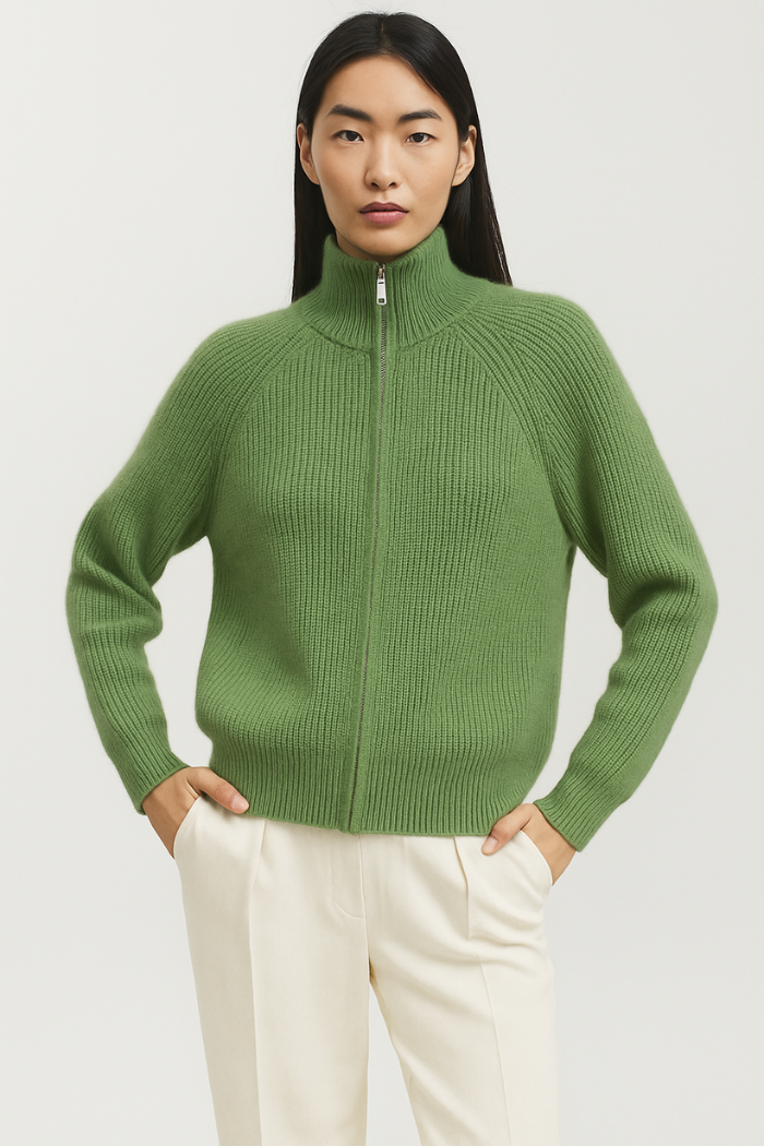 Cashmere Zip-Up Sweater Tailored Fit for Women | Sylvaine Green