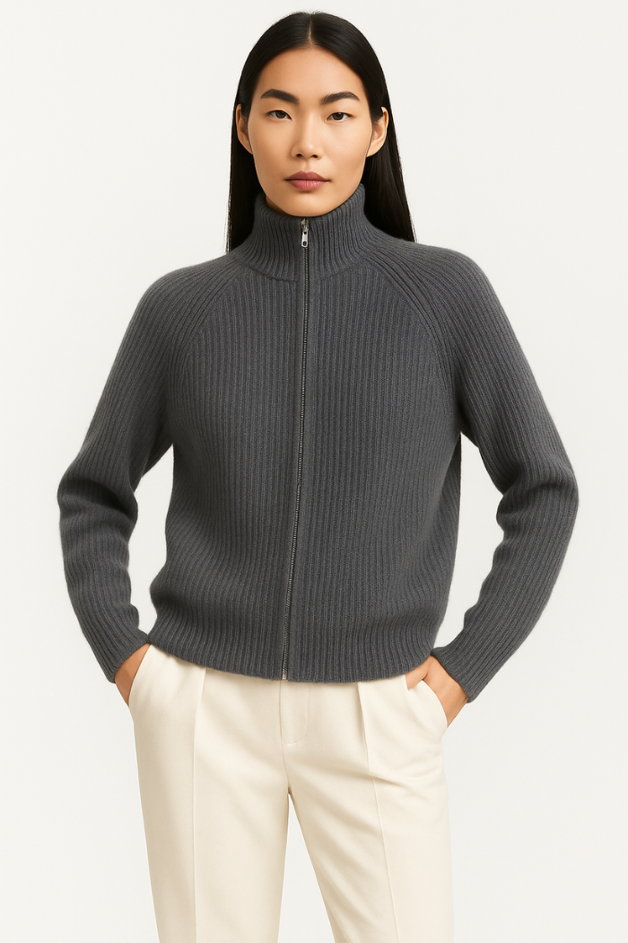 Cashmere Zip-Up Sweater Tailored Fit for Women | Sylvaine Gray
